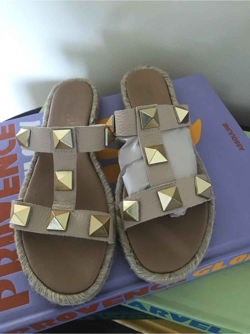 Studded Beige Leather Slide Sandals - Women